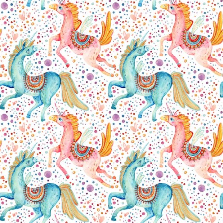 Picture of Watercolor pair of flying unicorns seamless pattern on background with bubbles and hearts