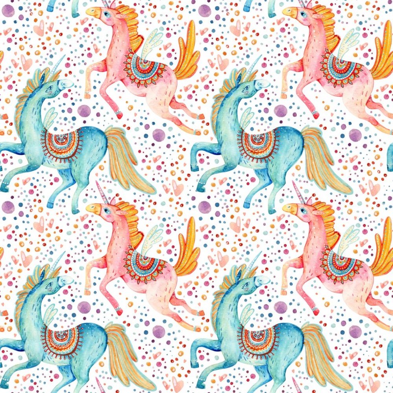 Picture of Watercolor pair of flying unicorns seamless pattern on background with bubbles and hearts