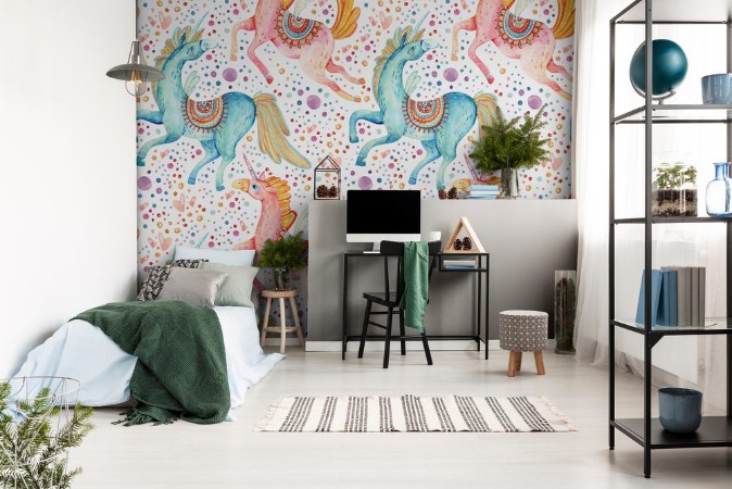 Picture of Watercolor pair of flying unicorns seamless pattern on background with bubbles and hearts