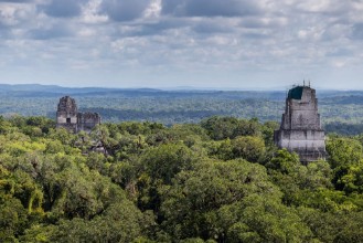 Image de Tops of Mayan ruins peek over tops of trees in Tikal Guatemala