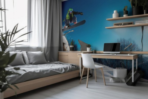 Picture of Snowboarder is jumping with snowboard