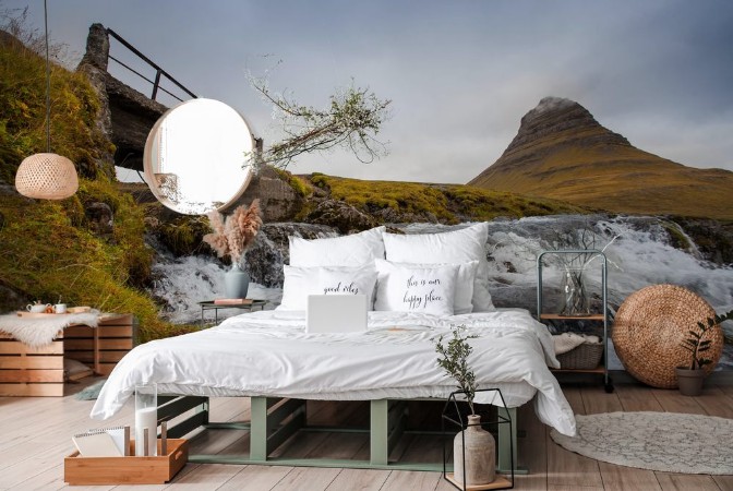 Picture of Cold water in Iceland Waterfall in rocky mountains Fresh and green grass Beautiful mountain range in the backgrond