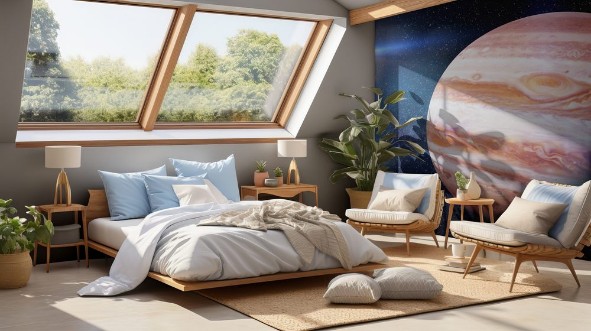 Afbeeldingen van Planet Jupiter in front of the Milky Way galaxy and the Sun