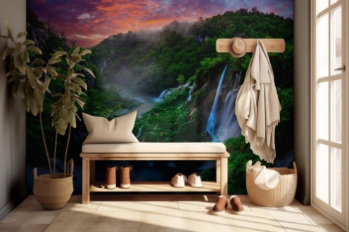 Afbeeldingen van Fairytale misty morning over waterfalls in Plitvice park Croatia