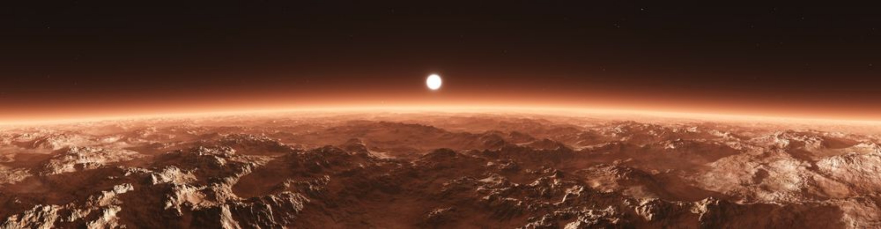 Afbeeldingen van Mars from orbit panorama of Mars Marsim landscape sunrise over Mars 3D rendering