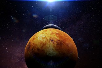 Picture of Planet Venus in front of the Earth and the Sun 
