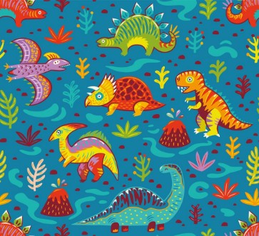 Seamless pattern with cartoon dinosaurs photowallpaper Scandiwall