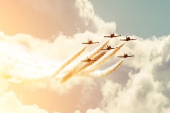 Picture of Aircraft fighter jets smoke the background of sky and sun