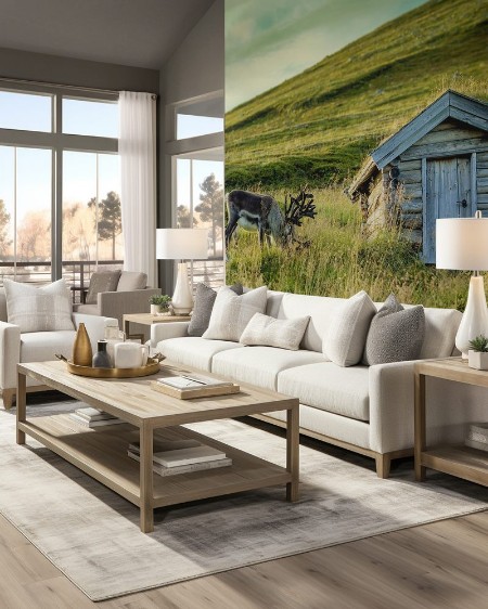 Imagem de Deer grazing in a meadow in Lapland near the small old wooden hut