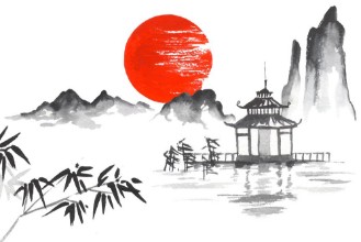Picture of Japan Traditional japanese painting Sumi-e art Sun Mountain Temple Bamboo