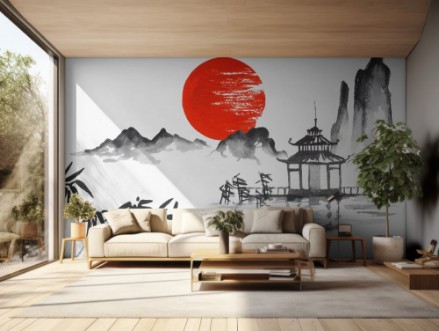 Afbeeldingen van Japan Traditional japanese painting Sumi-e art Sun Mountain Temple Bamboo