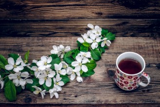 Picture of A branch of apple blossoms and a mug of tea on wooden background