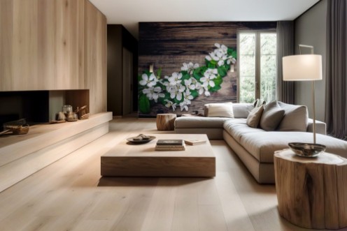 Obrázok z A branch of apple blossoms and a mug of tea on wooden background