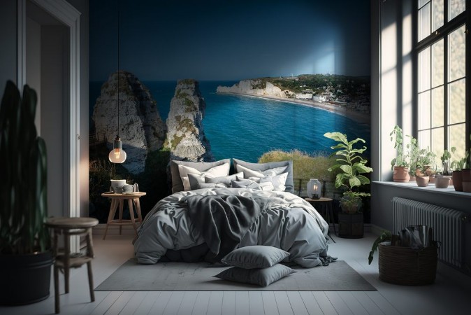 Picture of Chalk cliffs in Etretat with church Notre-Dame de la Garde