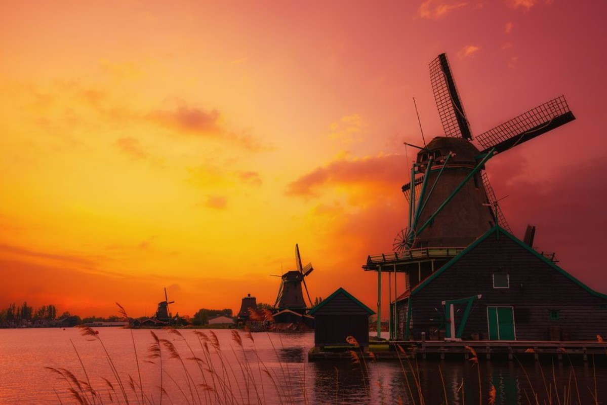 Picture of Traditional Dutch windmills on the canal bank at warm sunset light in Netherlands near Amsterdam