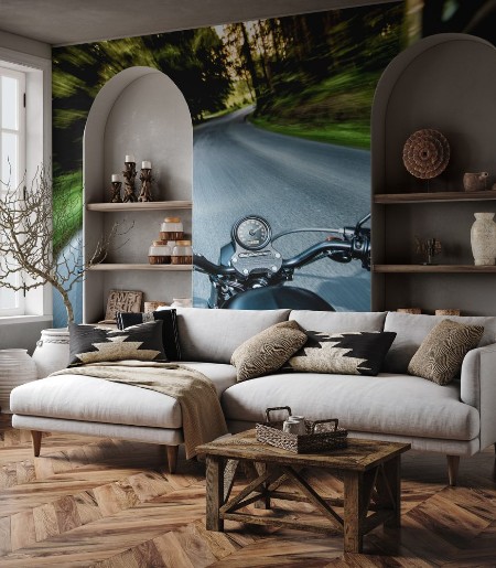 Picture of Man seat on the motorcycle on the forest road