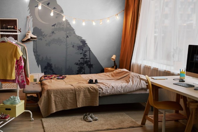 Image de Silhouette of the howling wolf Inside of it is a mysterious night forest with a moon and flying birds Vector illustration isolated object