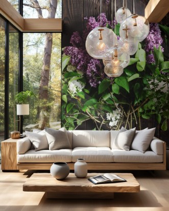 Picture of Flowering lilac branches on the dark wooden table