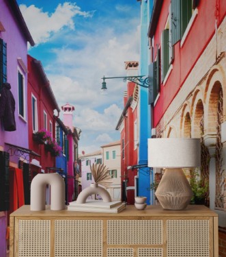 Picture of Street with multicolored houses of Burano island Venice Italy retro toned