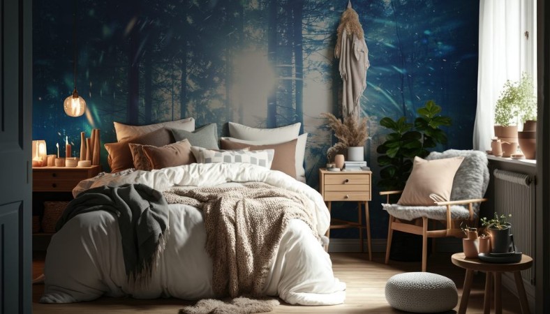 Image de Blue foggy forest fairytale with spiral circle fireflies bokeh background Color filter effect used