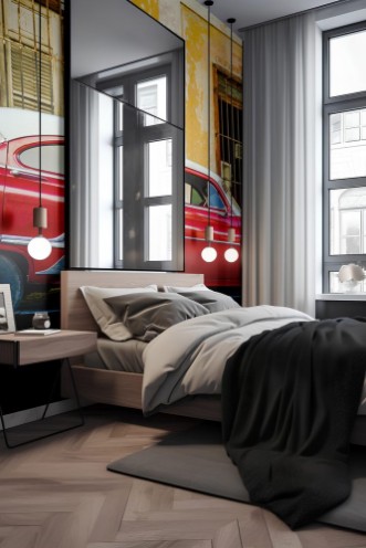 Afbeeldingen van Vibrant red shiny car and ruined house in Cuba