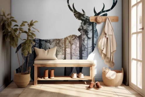 Afbeeldingen van Silhouette of a deer Inside it is a misty coniferous forest with sun rays and flying birds Isolated object on white background