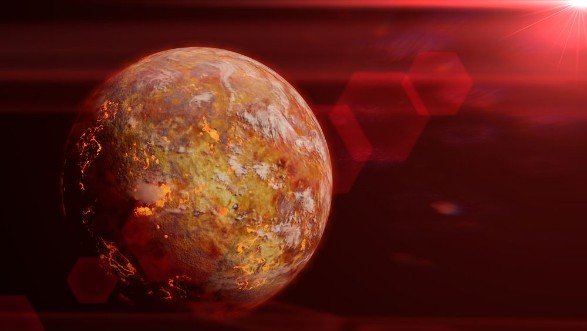 Picture of Alien planet with lava streams lit by a red sun