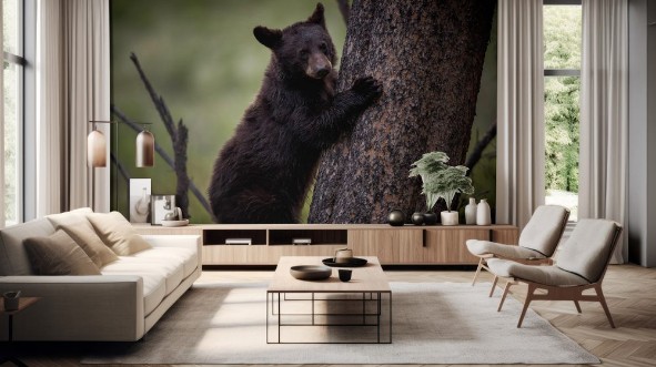 Afbeeldingen van Black bear cub climbing tree in forest