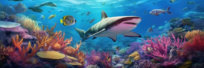 Immagine di Coral reef landscape and tiger shark