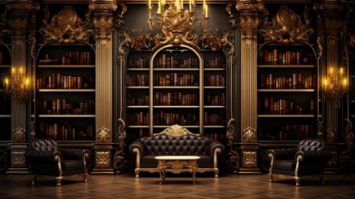 Golden bookshelves paveikslėlis