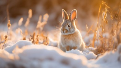 Εικόνα της A rabbit lit by the sunrise on a snowy field