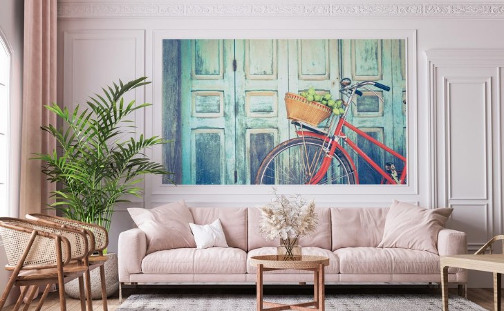 Picture of Hipster red bicycle in old building walls background  color if vintage tone 