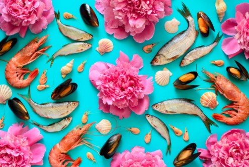 Picture of Sea food and flowers background