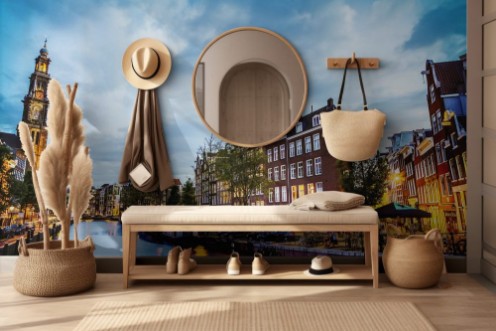 Image de The most famous canals and embankments of Amsterdam city during sunset General view of the cityscape and traditional Netherlands architecture