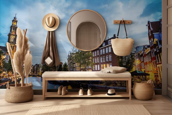 Afbeeldingen van The most famous canals and embankments of Amsterdam city during sunset General view of the cityscape and traditional Netherlands architecture