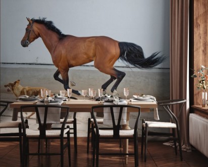 Picture of Brown Stallion with Dog