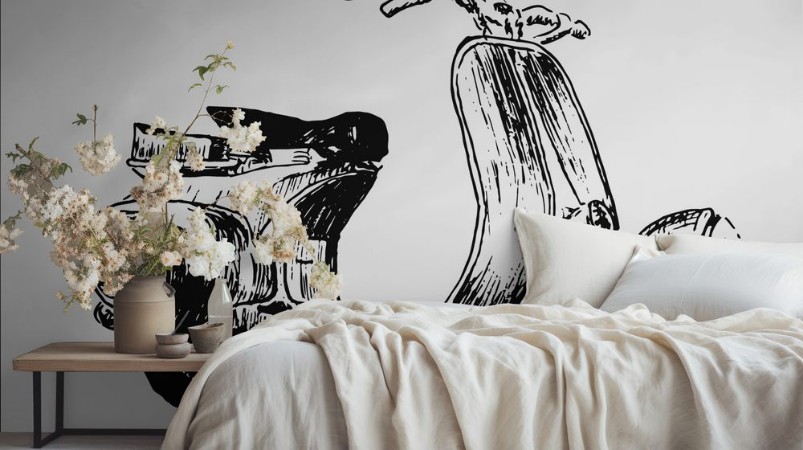 Afbeeldingen van Vintage motor scooter vector illustration hand graphics - Old turquoise scooter Italy