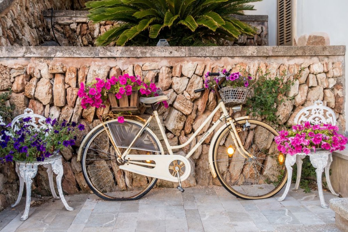 Afbeeldingen van Blumendekoration mit Fahrrad