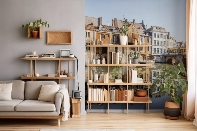 Afbeeldingen van Riverside view with beautiful old buildings and water channel during the morning light in Gent city Belgium