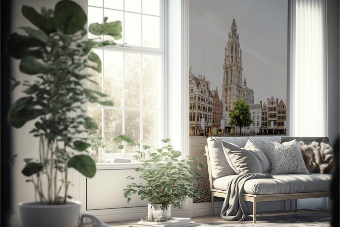 Afbeeldingen van Morning view on the Grote Markt with beautiful buildings and church tower in Antwerpen city Belgium