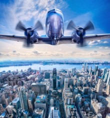 Bild på Vintage airplane in the sky over manhattan