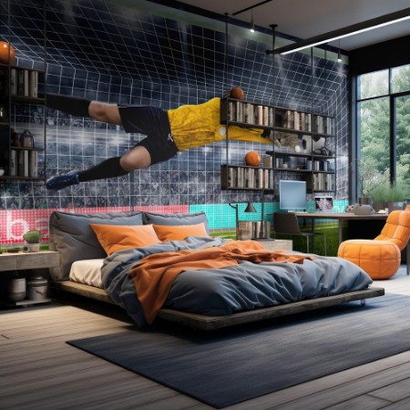 Afbeeldingen van Female goalie is jumping for the ball on crowded stadium