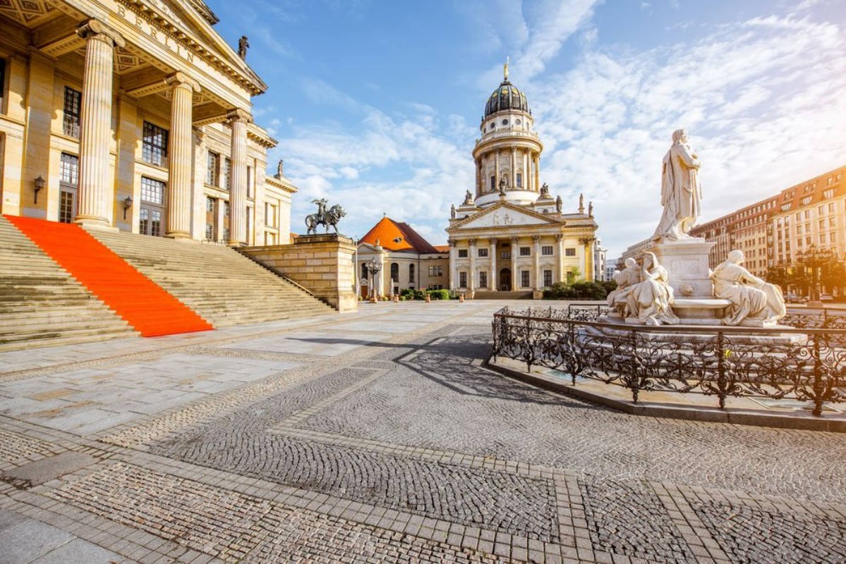 Picture of Viiew on the Gendarmenmarkt square with concert house building and French cathedral during the morning light in Berlin city