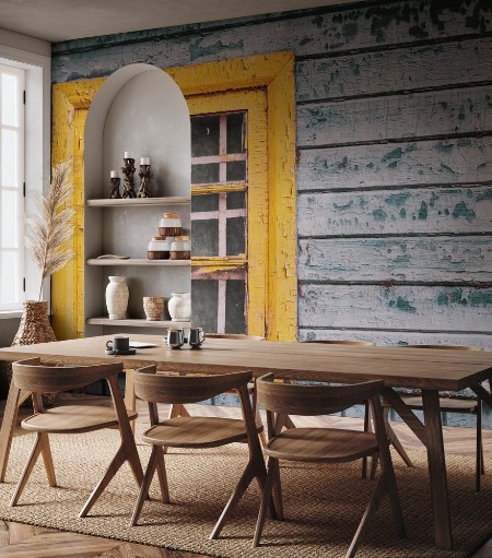 Image de Yellow window on green wooden wall of abandoned house