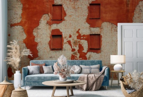 Picture of Boarded windows in old brick wall covered with red flaking plaster