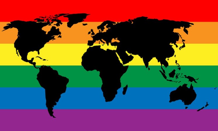 Afbeeldingen van Black world map silhouette on LGBT rainbow pride flag background Lesbian gay bisexual and transgender stylish design element Simple flat vector illustration