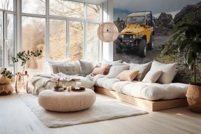Image de A curly-haired man is looking away driving an offroad yelow vehicle at the top of a valley with dark ground road
