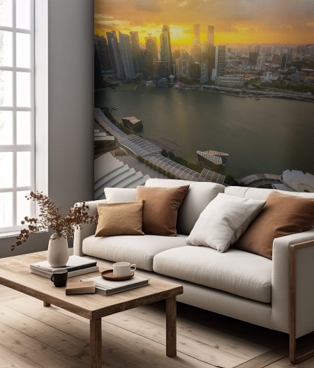 Picture of Bides eye view of Singapore cityscape around marina bay sand  and CBD building at sunset time