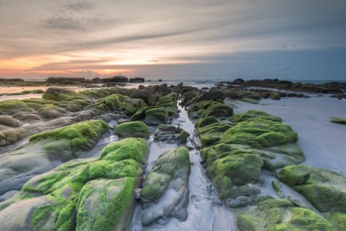 Picture of Colorful sunset with natural coastal rocks Image contain soft focus due to long exposure