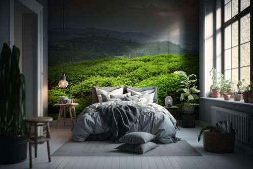 Afbeeldingen van Scenic young bright green tea bushes and colorful sunset sky